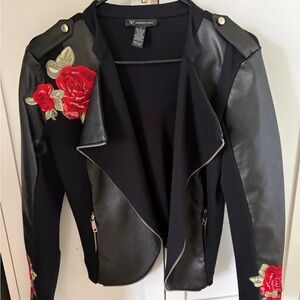Faux Leather Moto Jacket Black Embroidered Rose Medium